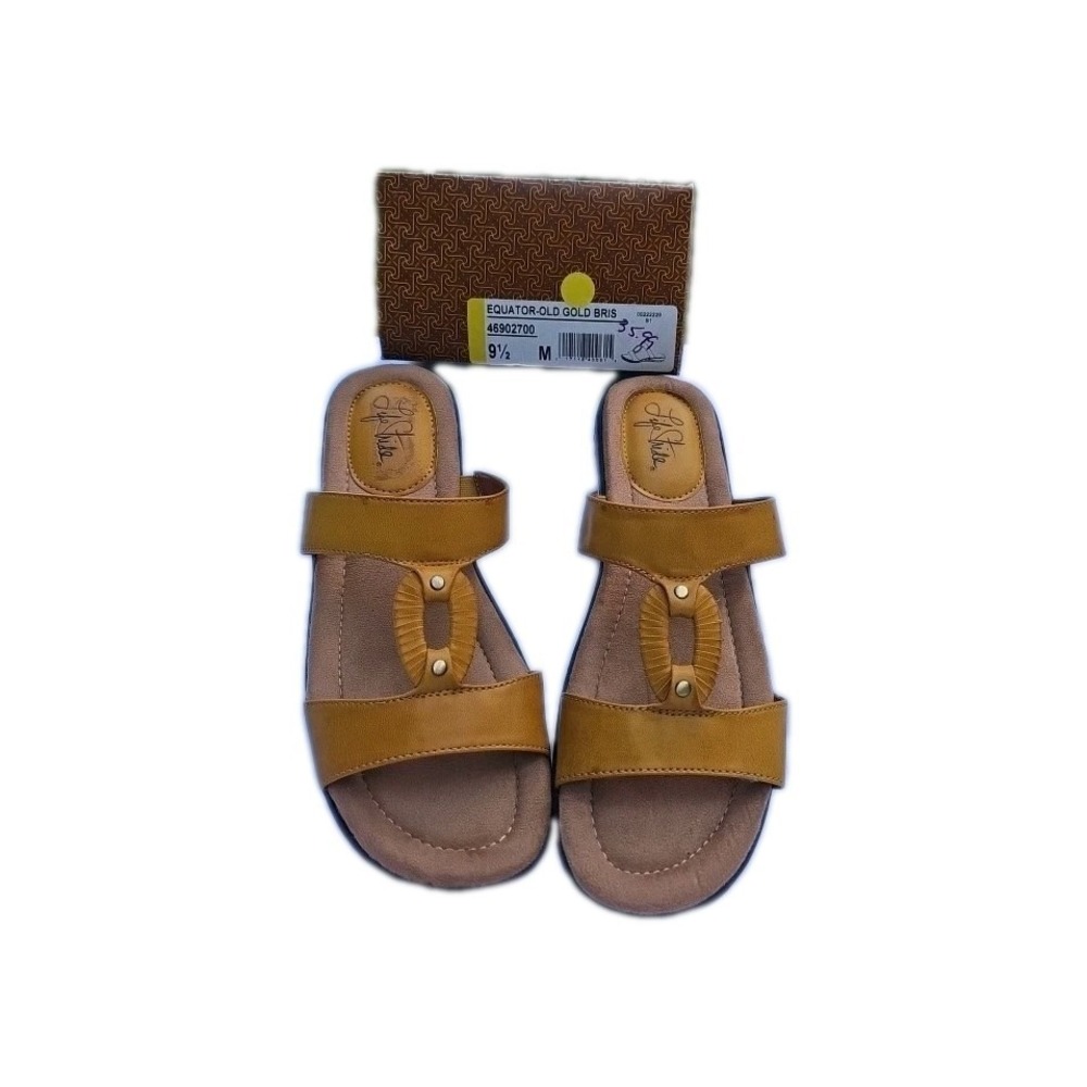 Life Stride "Equator" Womens Size 9.5 M Mustard Faux Leather Slip-On Sandals New